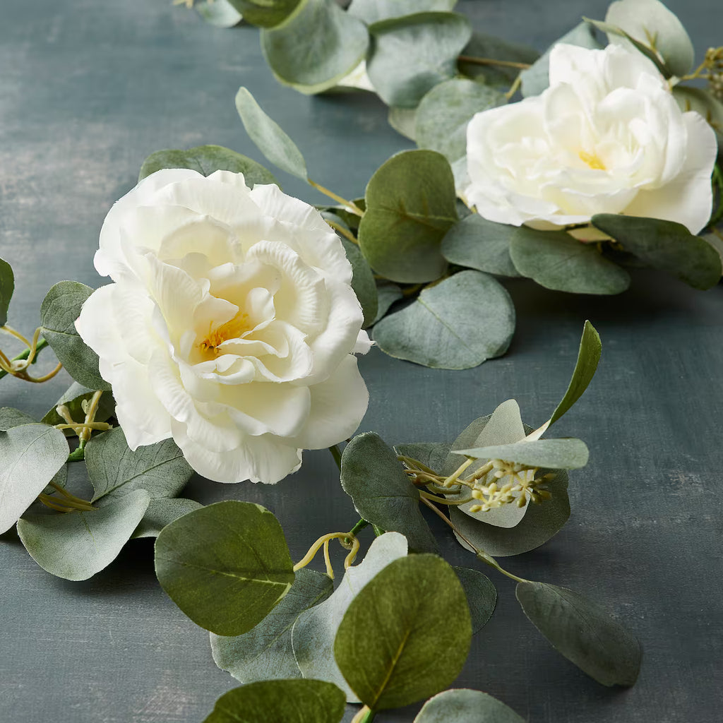 6ft Rose & Eucalyptus Garland – Artificial Floral Greenery for Home, Mantel & Wedding Décor