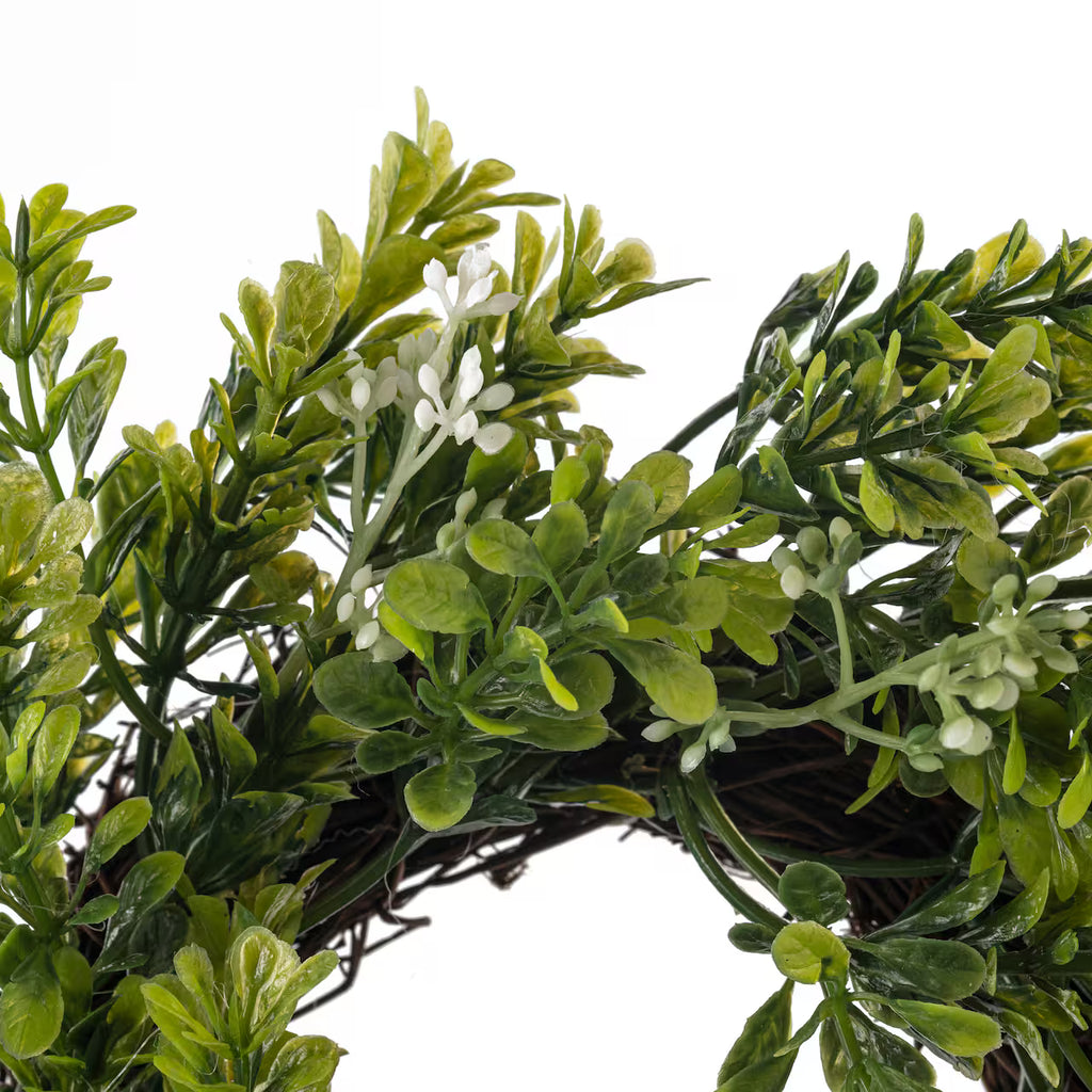 9" Mini Boxwood Wreath with Flowers – Green Artificial Door & Wall Accent for Indoor Home Décor