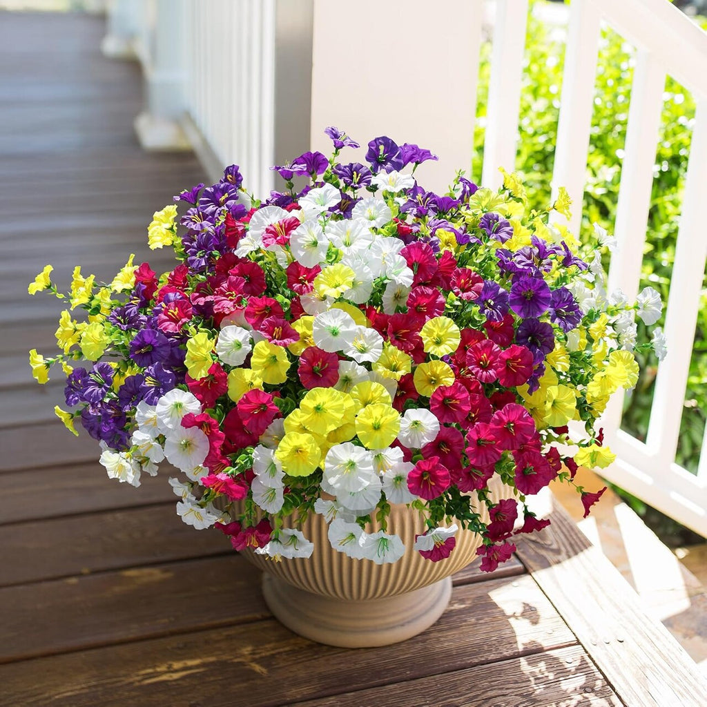 12 Bundles Faux Morning Glory – UV-Resistant Outdoor Artificial Flowers with Eucalyptus Leaves for Garden, Porch & Patio Décor