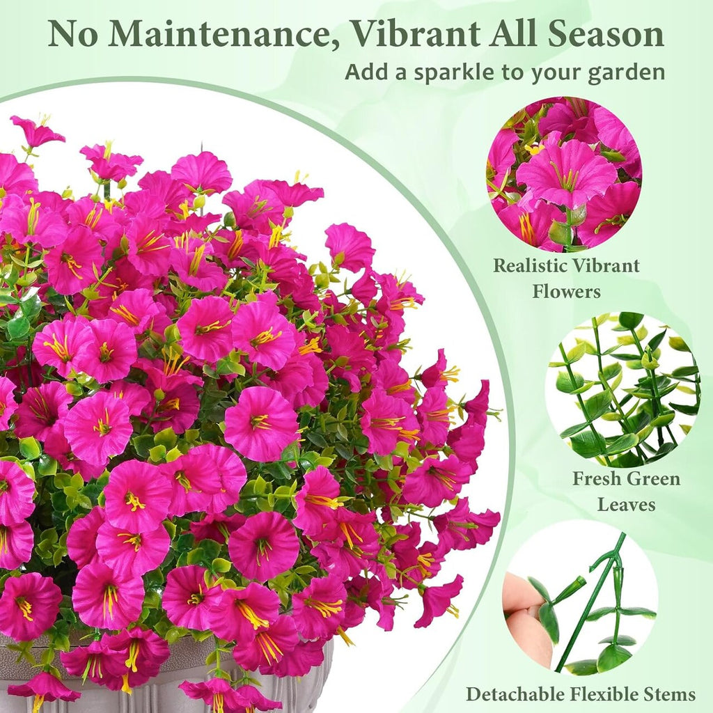 12 Bundles Realistic UV-Resistant Artificial Petunia Flowers for Outdoors – Lifelike Faux Plants with Eucalyptus for Porch, Garden & Patio (Fuchsia)