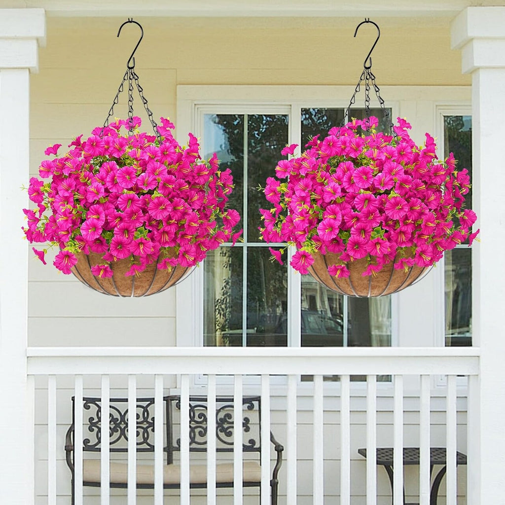 12 Bundles Realistic UV-Resistant Artificial Petunia Flowers for Outdoors – Lifelike Faux Plants with Eucalyptus for Porch, Garden & Patio (Fuchsia)