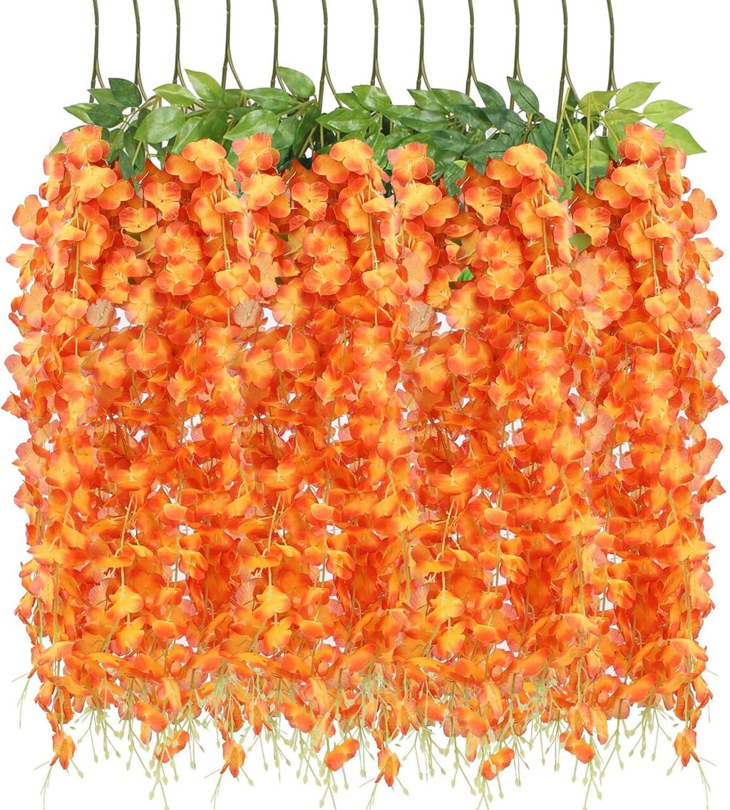 12 Pieces Artificial Wisteria Vines – 3.6ft Silk Hanging Flowers for Wedding, Home & Event Décor (Orange)