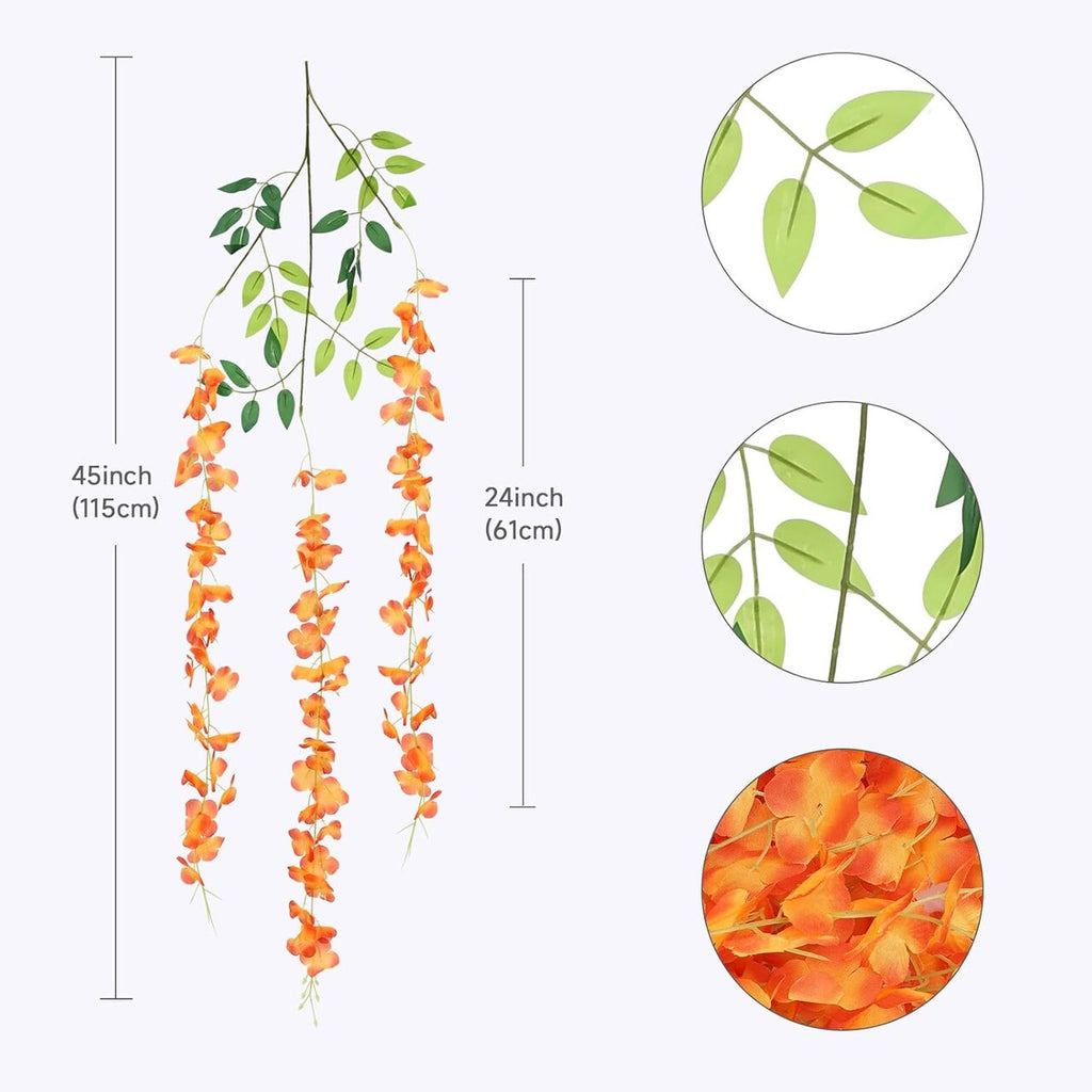 12 Pieces Artificial Wisteria Vines – 3.6ft Silk Hanging Flowers for Wedding, Home & Event Décor (Orange)