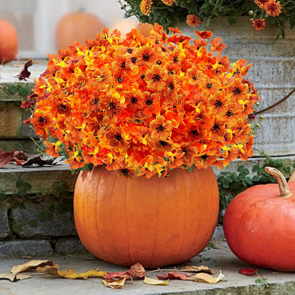 10 Bundles Artificial Fall Flowers for Outdoors with Eucalyptus – UV-Resistant Faux Autumn Plants for Porch, Yard & Window Boxes