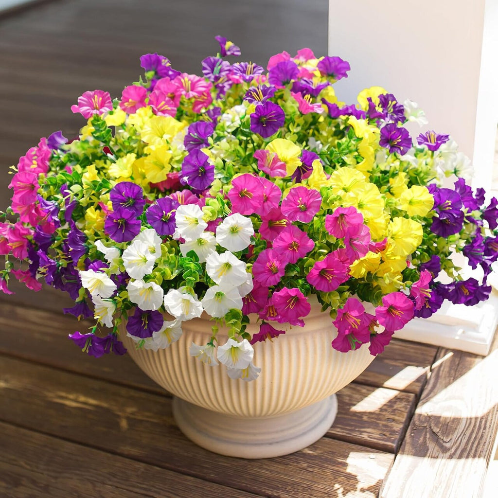 12 Bundles Faux Morning Glory – UV-Resistant Outdoor Artificial Flowers with Eucalyptus Leaves for Garden, Porch & Patio Décor
