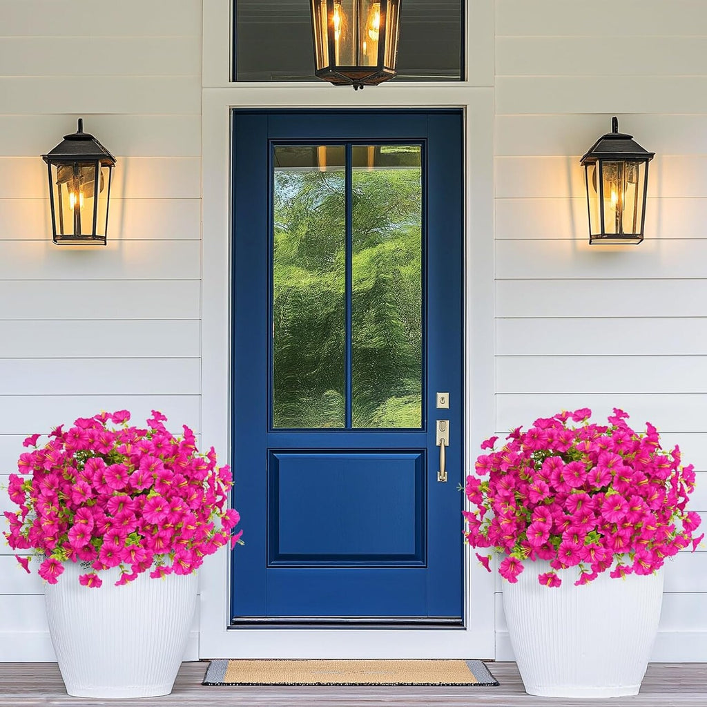 12 Bundles Realistic UV-Resistant Artificial Petunia Flowers for Outdoors – Lifelike Faux Plants with Eucalyptus for Porch, Garden & Patio (Fuchsia)