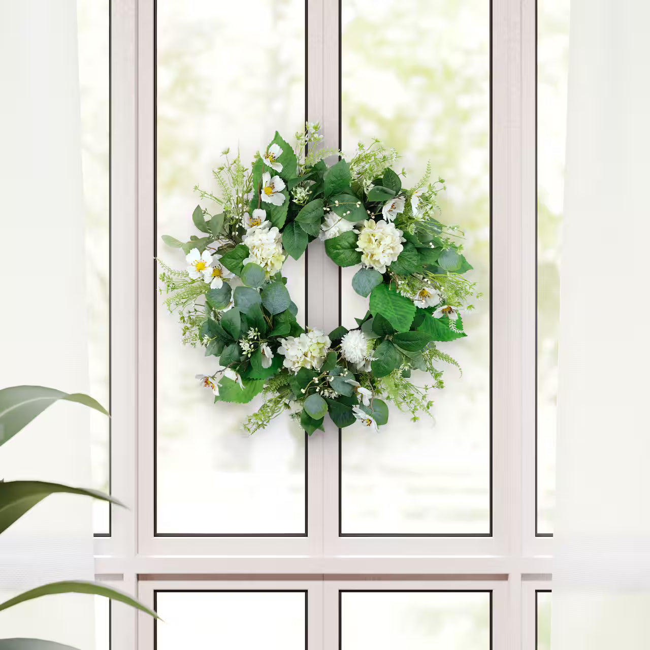 24" White Hydrangea & Dogwood Spring Wreath – Elegant Artificial Floral Door Wreath for Front Porch, Wall & Mantel Décor