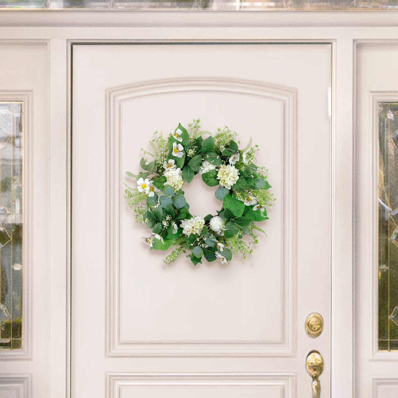 24" White Hydrangea & Dogwood Spring Wreath – Elegant Artificial Floral Door Wreath for Front Porch, Wall & Mantel Décor
